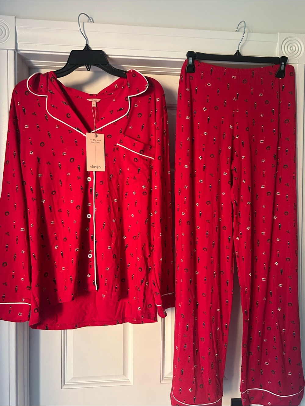 Eberjey Bright Red Printed Pajama Set with White Piping